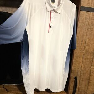 Greg Norman Collection White Polo with Navy Gradient Sleeves and Red Placket